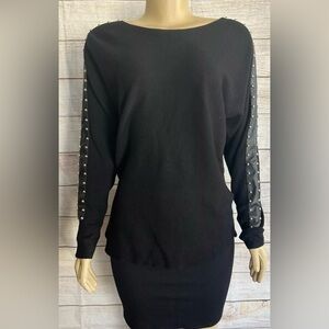 SIONI Black Ribbed-knit Dolman Sleeve Faux Leather Studded Detailed Sweater L
